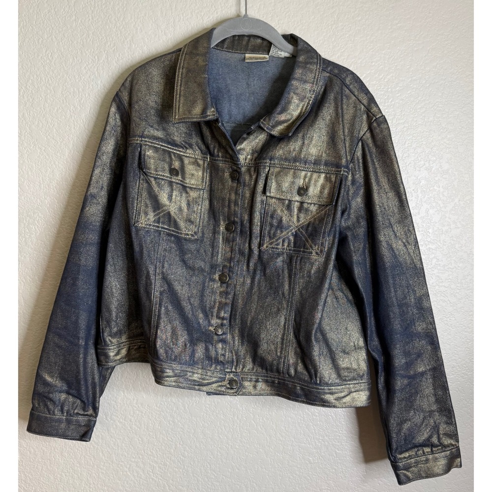 Newport News Jeanology Womens 18 Denim Jacket Gold Blue Metallic Preppy Club‎